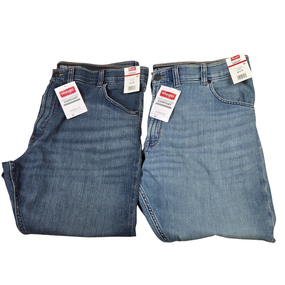 Wrangler Unlimited Comfort Taper Fit Flex Jeans Lot 2 Pair Mens 46x30 NWT